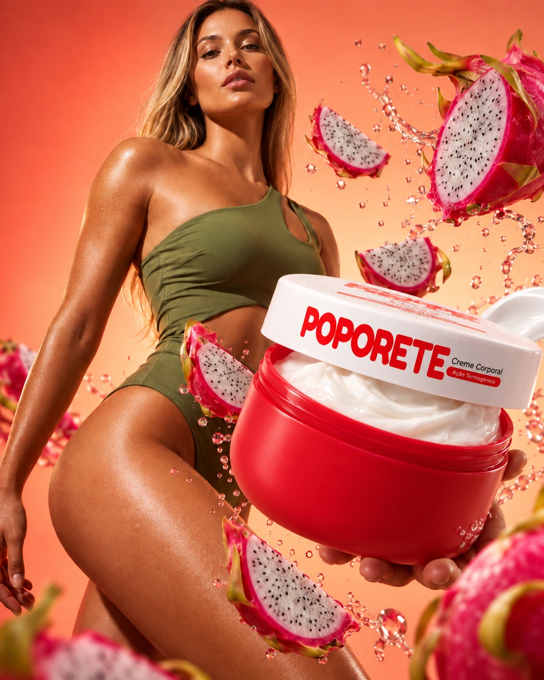 Modelo com creme Poporete e pitayas em cenário coral