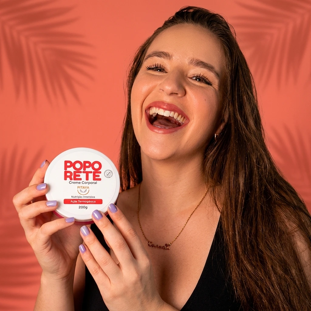 Cliente sorrindo com o creme corporal Poporete